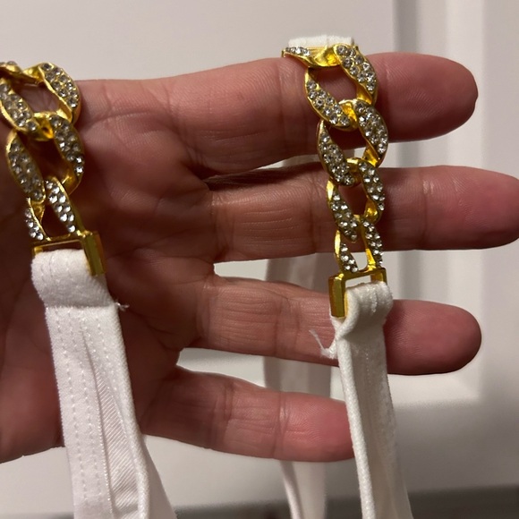 IZA‎ Panty Gold Chain Crystal Embellished Stretch Cotton Bikini Cut White Thong - Picture 6 of 14